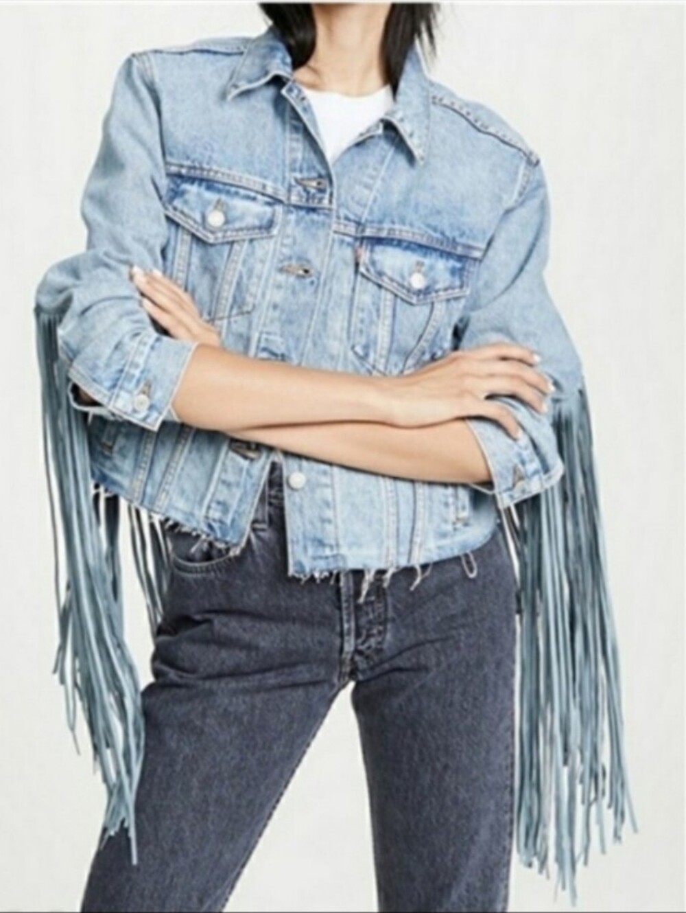 Levis Jacket Fringe Denim Light Wash Western Festival Boho Cowboy Small Size S - Picture 8 of 12